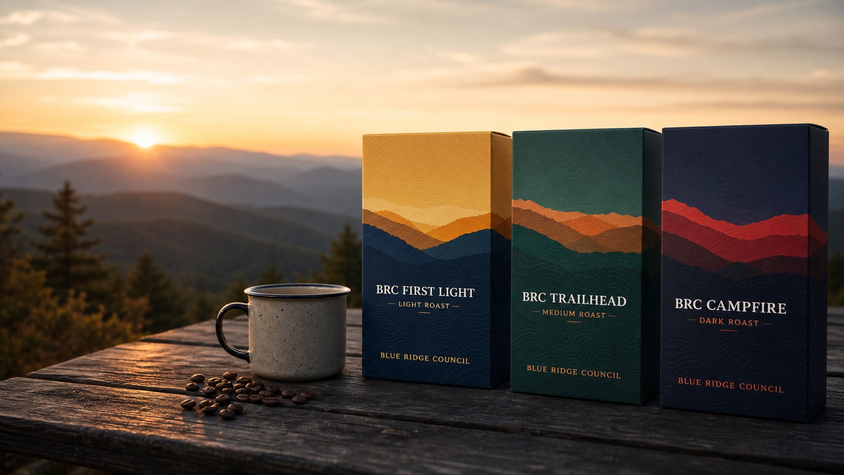 BRC First Light, Trailhead, and Campfire coffee beside a mug at sunrise in the Blue Ridge Mountains